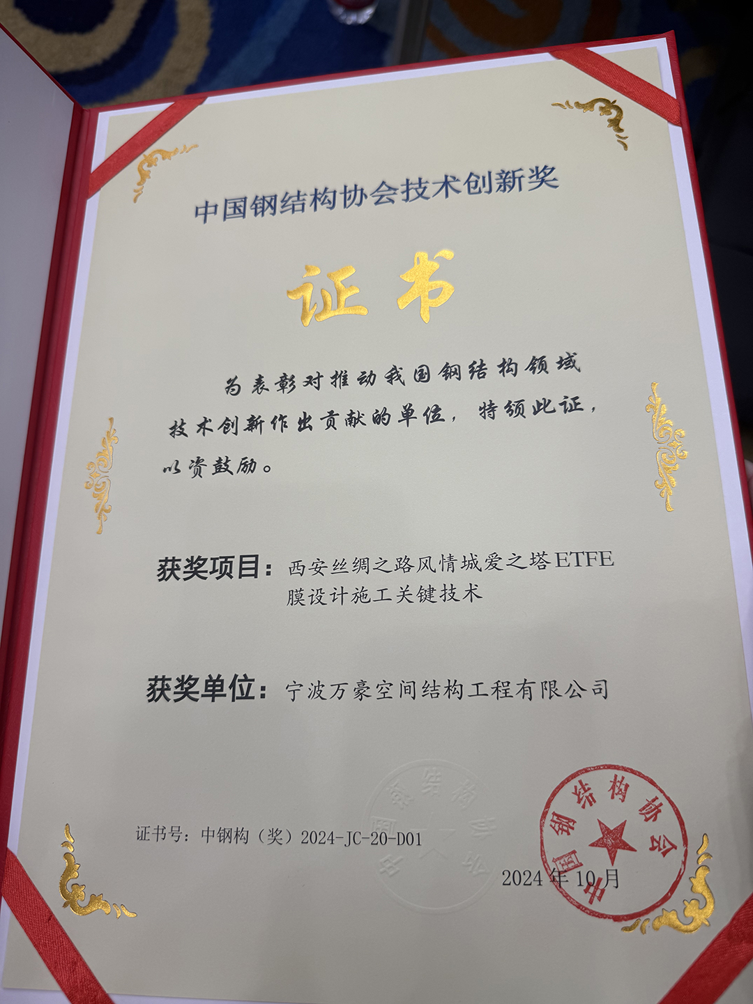 喜報(bào)！恭喜萬豪空間結(jié)構(gòu)榮獲中國鋼結(jié)構(gòu)協(xié)會(huì)2024年度技術(shù)創(chuàng)新獎(jiǎng)